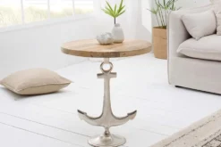 Maritimer Beistelltisch SEVEN SEAS 50cm silber Anker-Design rund Mangoholz Metall