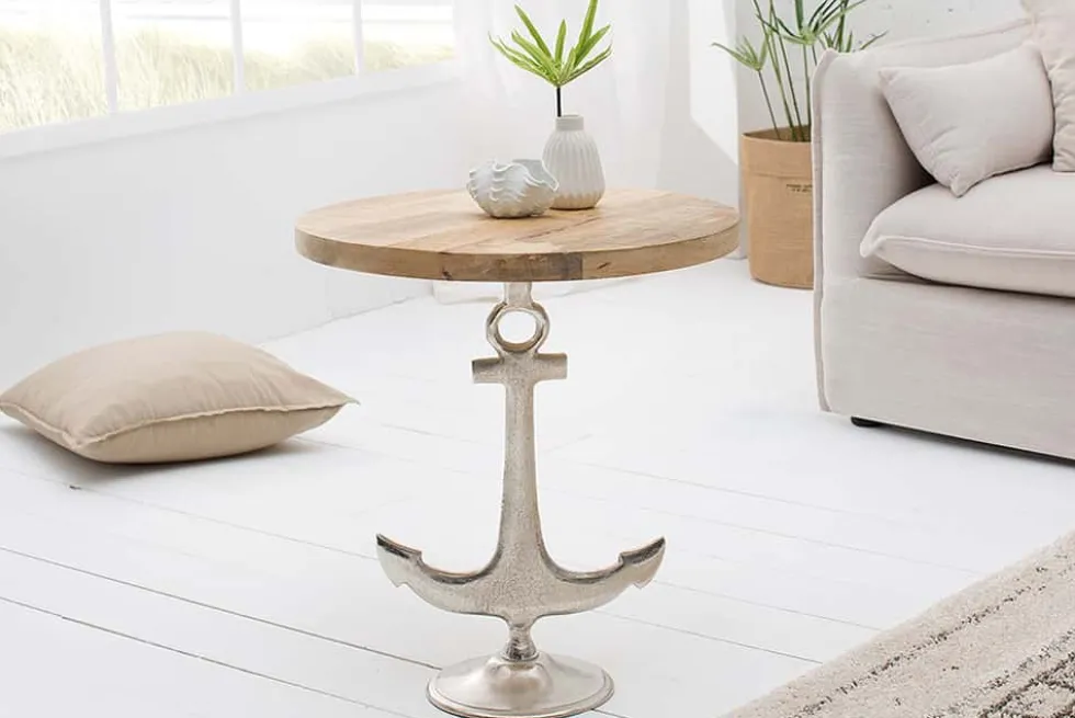 Maritimer Beistelltisch SEVEN SEAS 50cm silber Anker-Design rund Mangoholz Metall