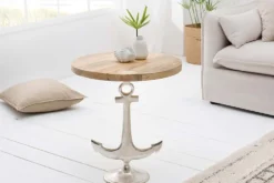 Maritimer Beistelltisch SEVEN SEAS 50cm silber Anker-Design rund Mangoholz Metall