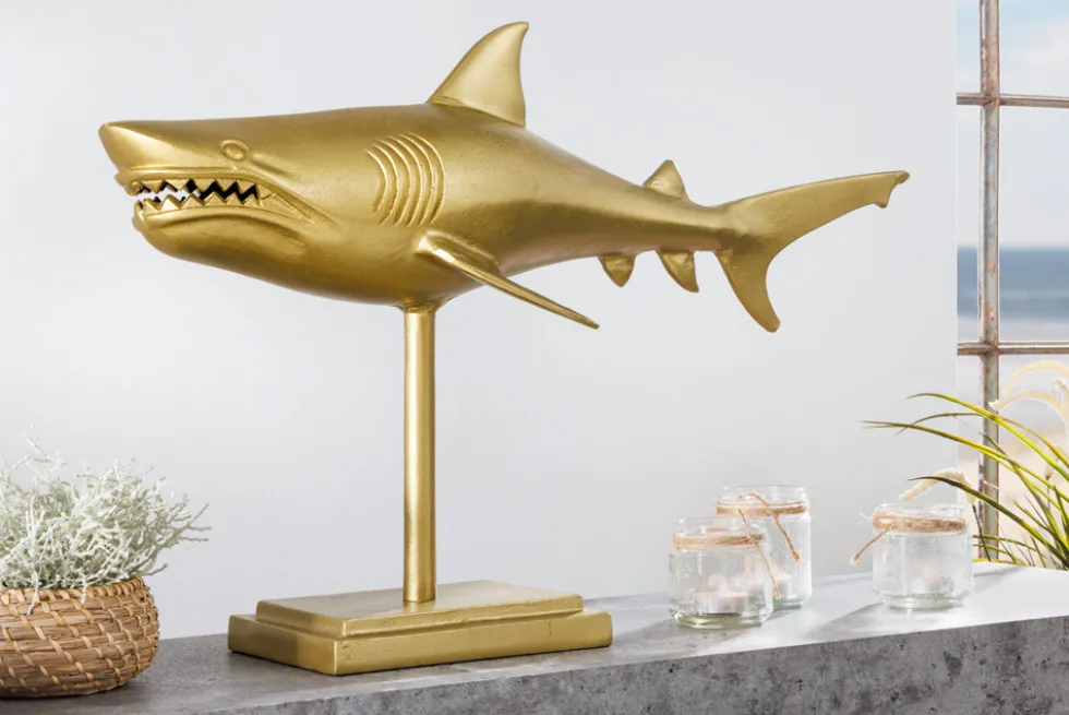 Maritime Skulptur HAI 68cm gold handmade Metall Design Haifisch