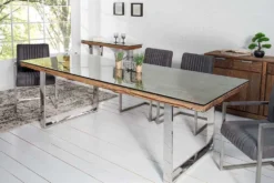 Massive Konsole BARRACUDA 120cm Teak mit Stahl Kufenfüßen inkl. Glasplatte