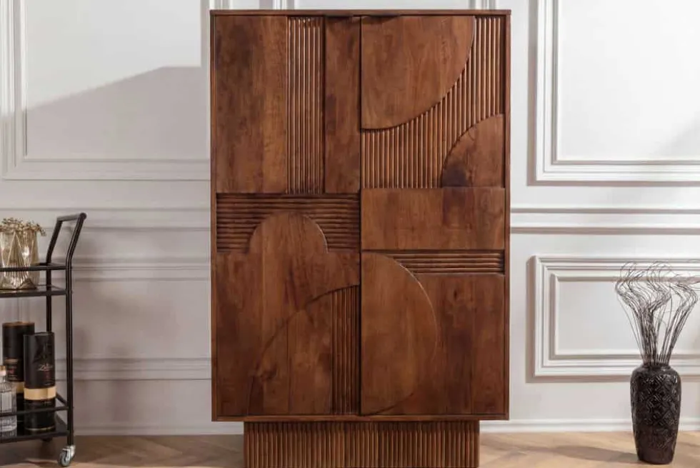 Massiver Barschrank ART DECO 140cm braun Mangoholz 3D-Front Highboard Flaschenregal