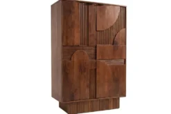 Massiver Barschrank ART DECO 140cm braun Mangoholz 3D-Front Highboard Flaschenregal