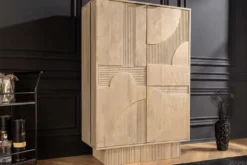 Massiver Barschrank ART DECO 140cm weiß gekälkt Mangoholz 3D-Front Highboard