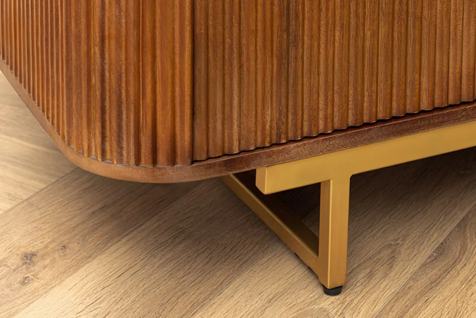 Massiver Barschrank GATSBY 140cm braun Mangoholz gold Metallgestell Retro
