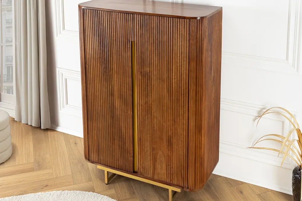 Massiver Barschrank GATSBY 140cm braun Mangoholz gold Metallgestell Retro