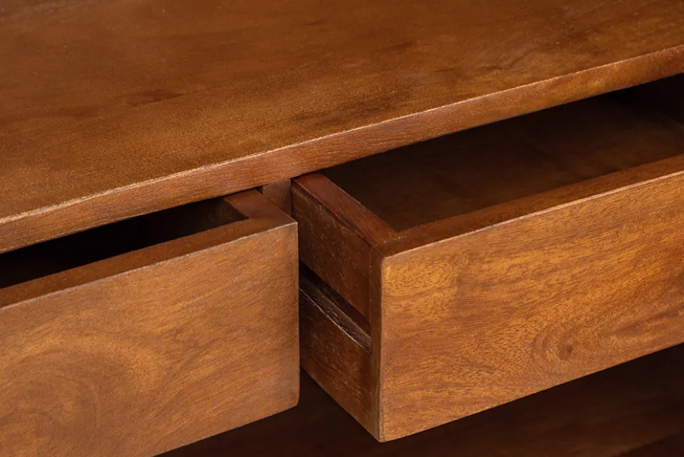 Massiver Barschrank GATSBY 140cm braun Mangoholz gold Metallgestell Retro