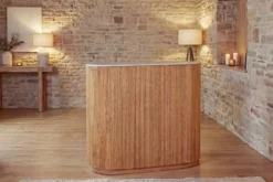 Massiver Bartisch TRES CHIC 120cm braun Mangoholz weiß Marmor mit Flaschenregal