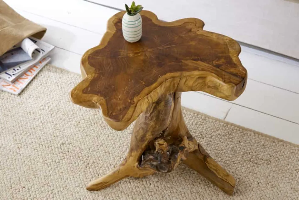 Massiver Beistelltisch ROOT 40cm Teakholz mit Jahresringen