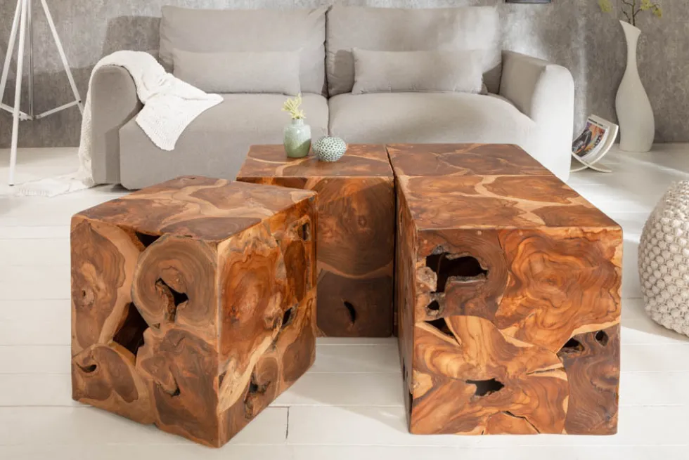 Massiver Beistelltisch SQUARE 40cm Teakholz Würfel Sitzhocker