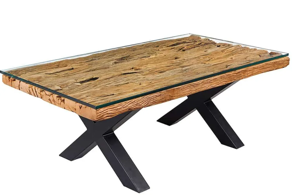Massiver Couchtisch BARRACUDA 110cm antik natur Teakholz X-Gestell Glasplatte