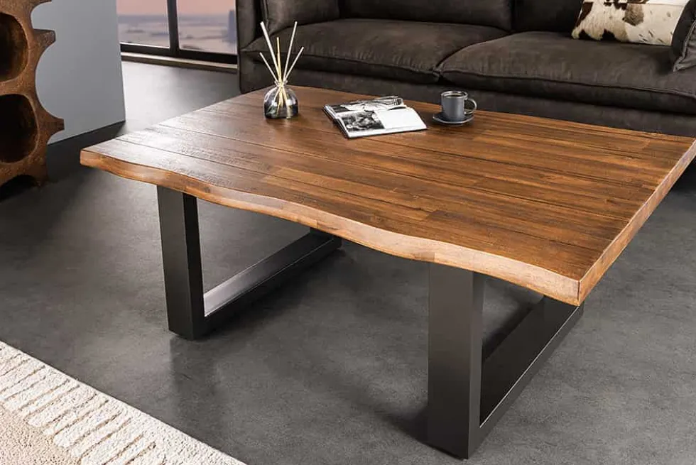 Massiver Couchtisch GENESIS 110cm braun anthrazit Akazie Baumkante Kufengestell