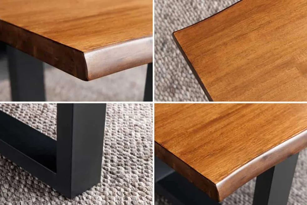 Massiver Couchtisch GENESIS 110cm braun Akazienholz Baumkante V-Gestell