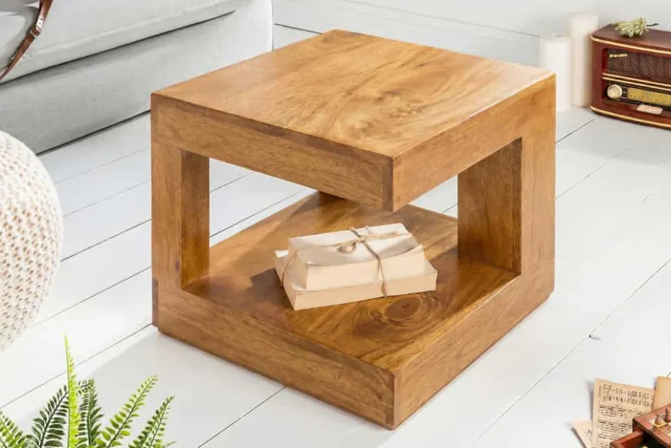 Massiver Couchtisch GIANT 45cm braun honey finish Mangoholz mit Ablagefach