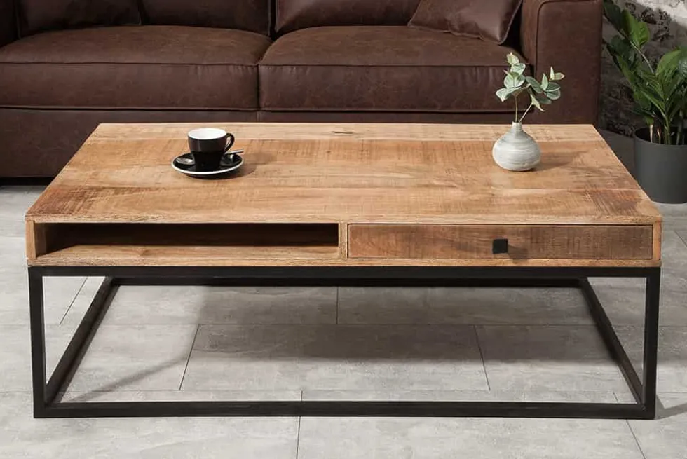 Massiver Couchtisch IRON CRAFT 100cm Mangoholz mit Schublade schwarzes Metallgestell