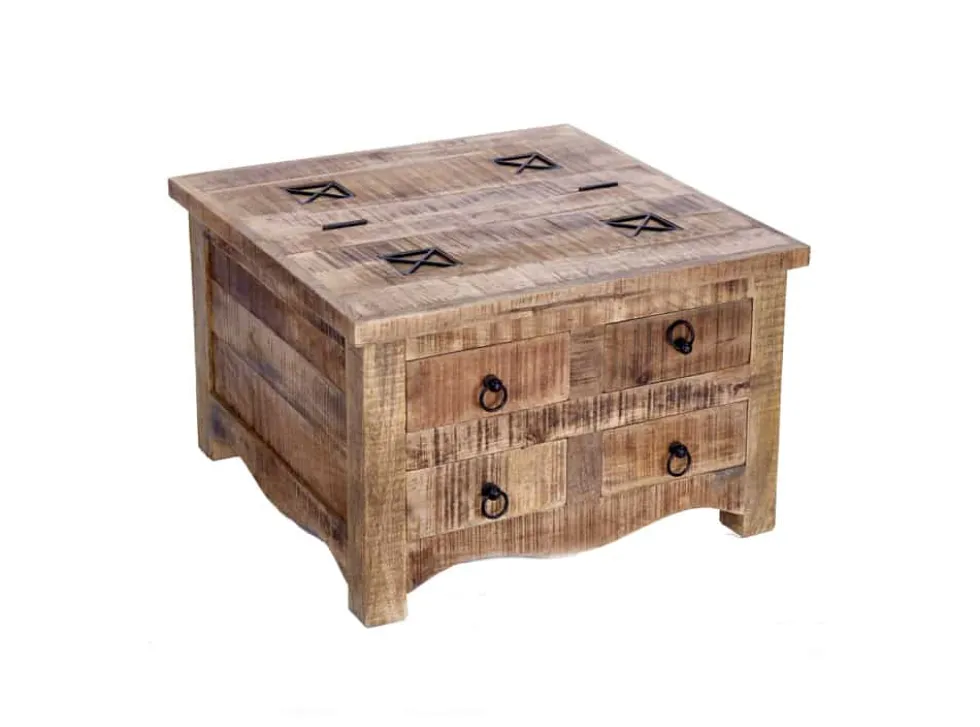 Massiver Couchtisch IRON CRAFT 70cm natur Holz Truhe mit Schubladen und Stauraum