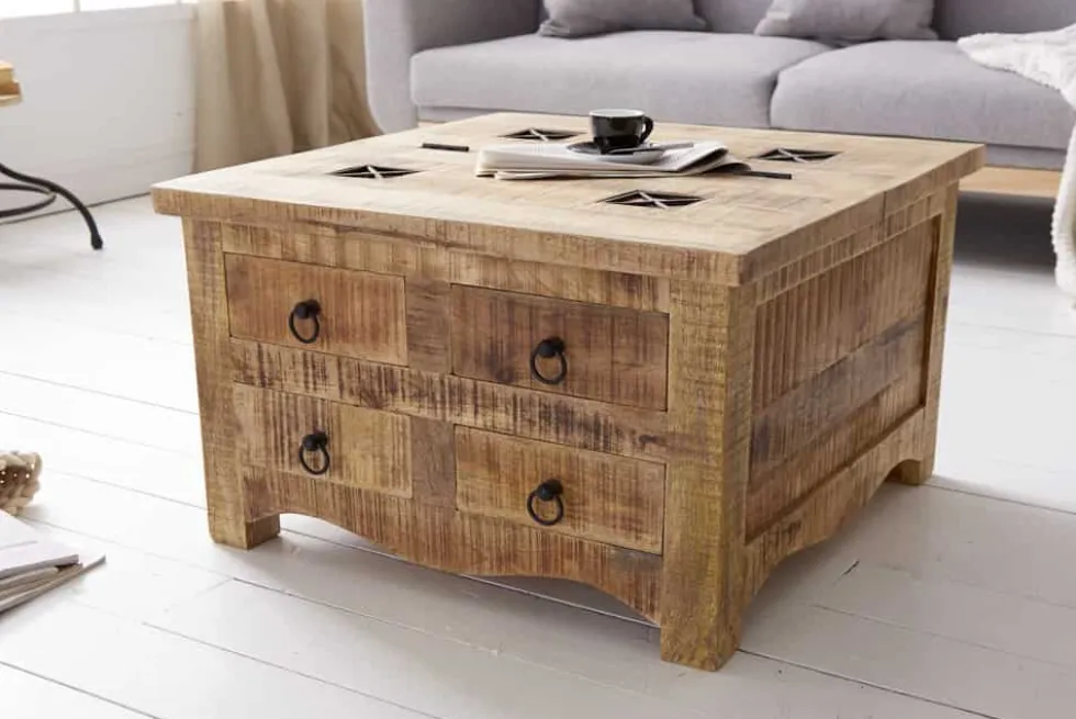 Massiver Couchtisch IRON CRAFT 70cm natur Holz Truhe mit Schubladen und Stauraum