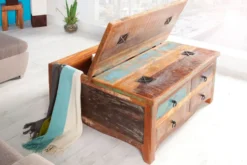 Massiver Couchtisch JAKARTA 70cm bunt Truhe aus recycelten Fischerbooten Holz mit Schubladen