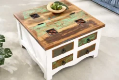 Massiver Couchtisch JAKARTA 70cm weiß bunt Holz Truhe aus recycelten Fischerbooten mit Schubladen