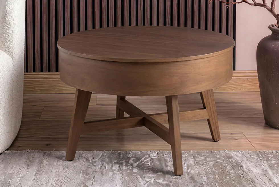 Massiver Couchtisch KYOTO 70cm braun Mangoholz im Walnuss-Design mit Stauraum