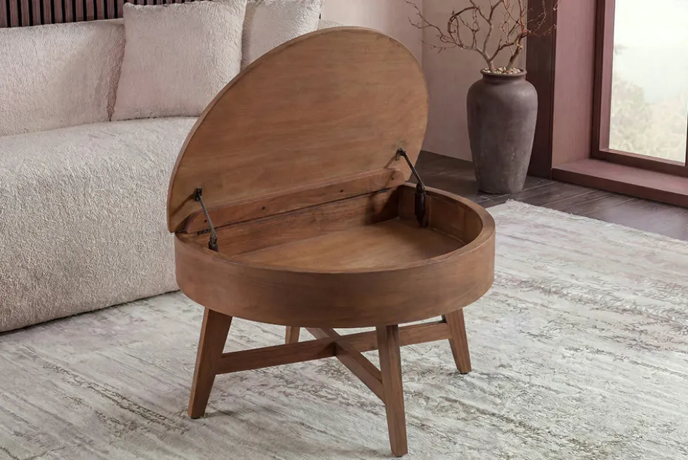 Massiver Couchtisch KYOTO 70cm braun Mangoholz im Walnuss-Design mit Stauraum