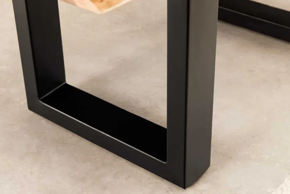 Massiver Couchtisch LIQUID 110cm braun Akazienholz Baumkante schwarz Eisen blau