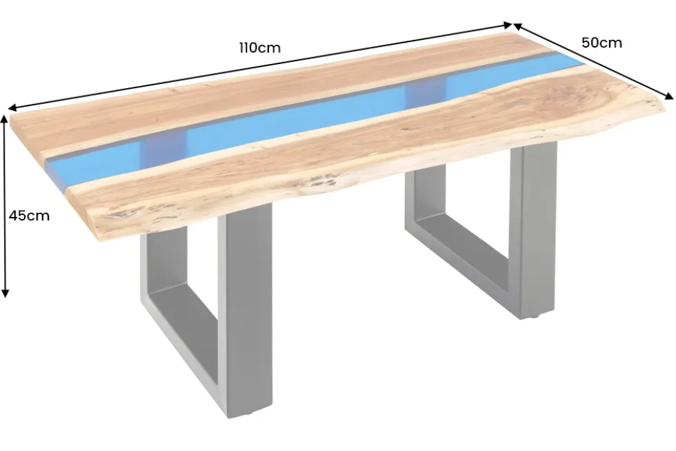 Massiver Couchtisch LIQUID 110cm braun Akazienholz Baumkante schwarz Eisen blau