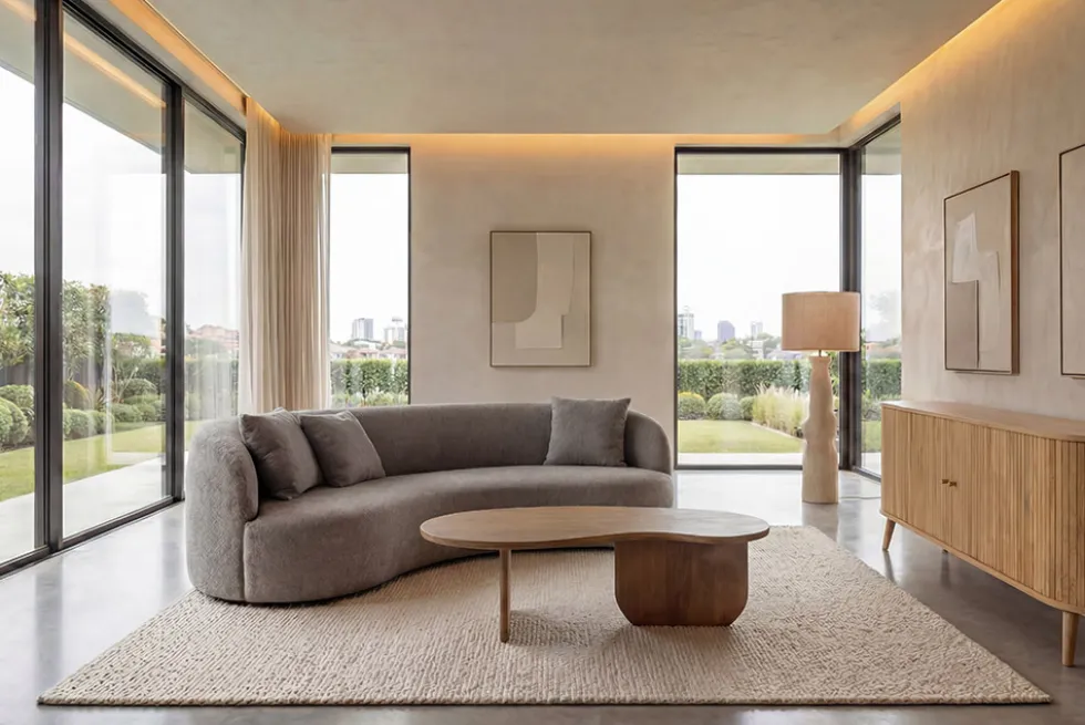 Massiver Couchtisch ORGANIC 120cm natur honey finish Mangoholz organische Form
