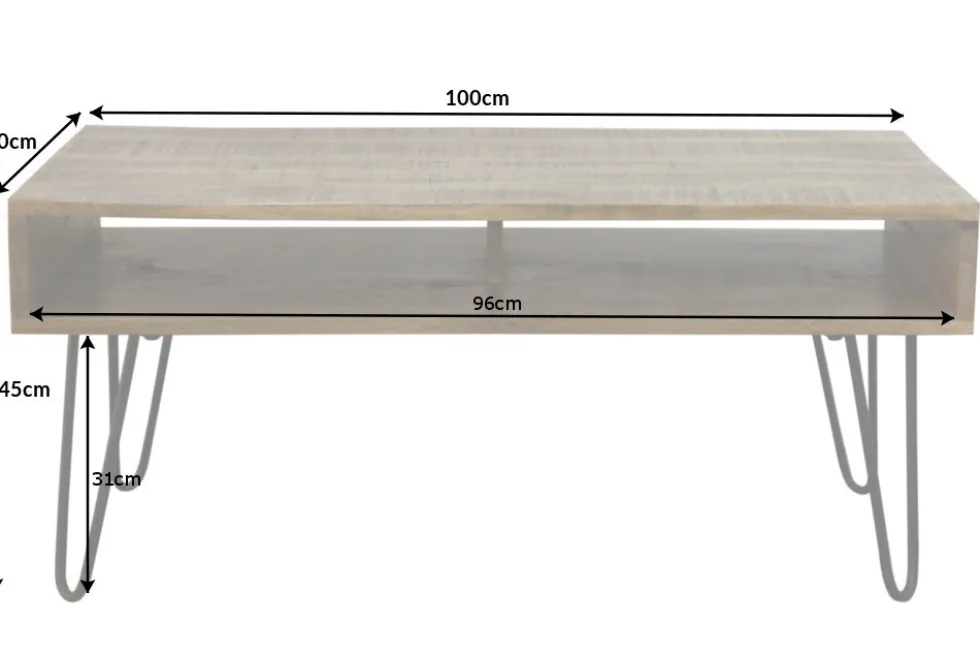 Massiver Couchtisch SCORPION 100cm natur Mangoholz Metall Hairpin Legs mit Ablage