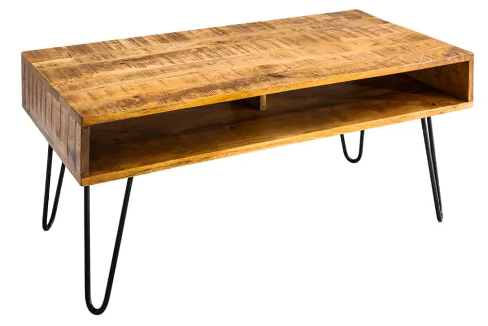 Massiver Couchtisch SCORPION 100cm natur Mangoholz Metall Hairpin Legs mit Ablage