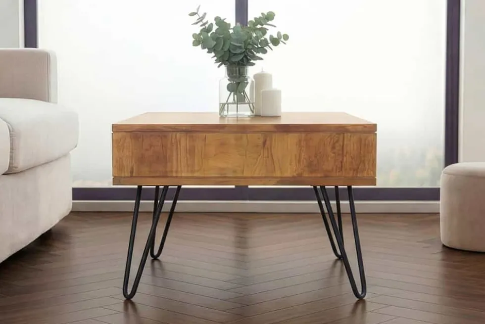Massiver Couchtisch SCORPION 60cm braun honey finish Mangoholz mit Hairpin Legs