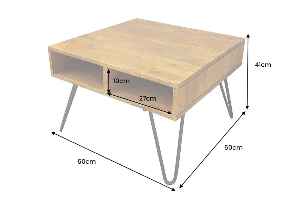 Massiver Couchtisch SCORPION 60cm braun honey finish Mangoholz mit Hairpin Legs