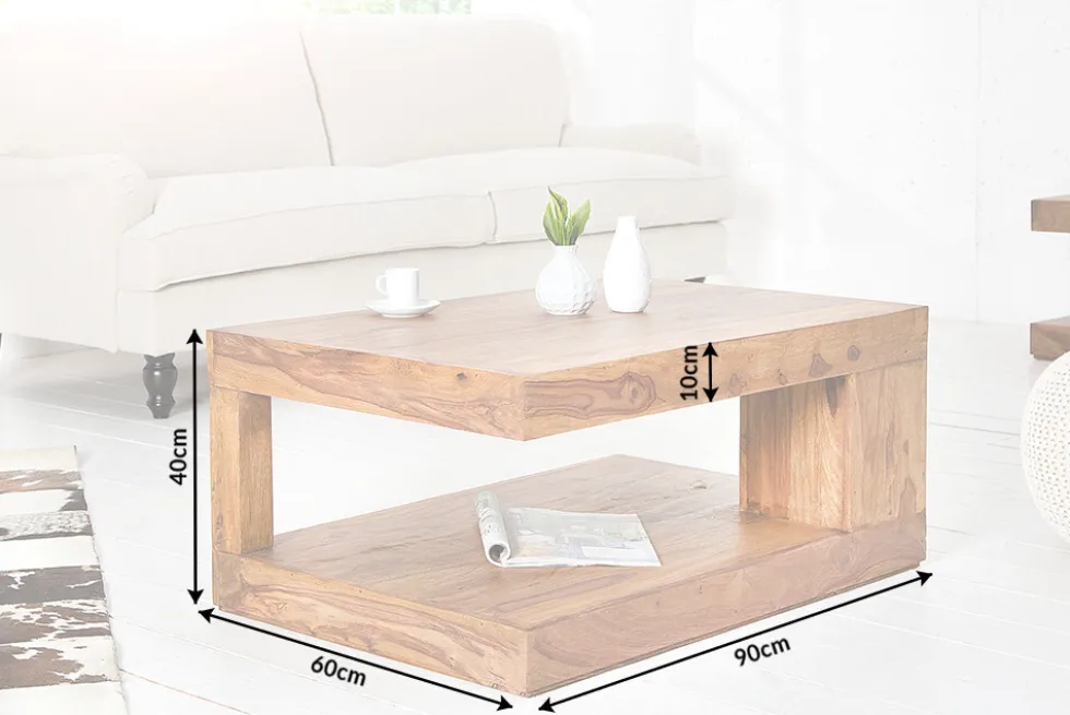Massiver Edelholz Couchtisch GIANT L 90cm braun Sheesham stone finish mit Ablage