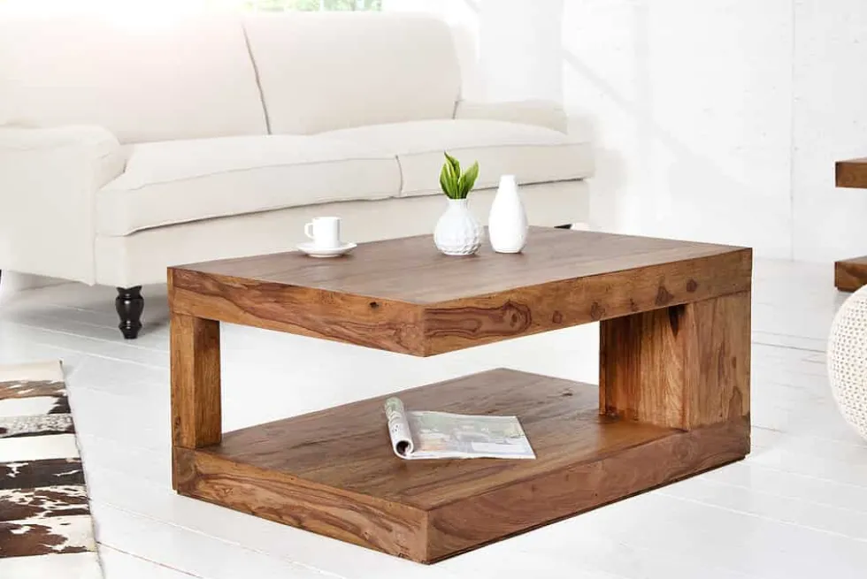 Massiver Edelholz Couchtisch GIANT L 90cm braun Sheesham stone finish mit Ablage