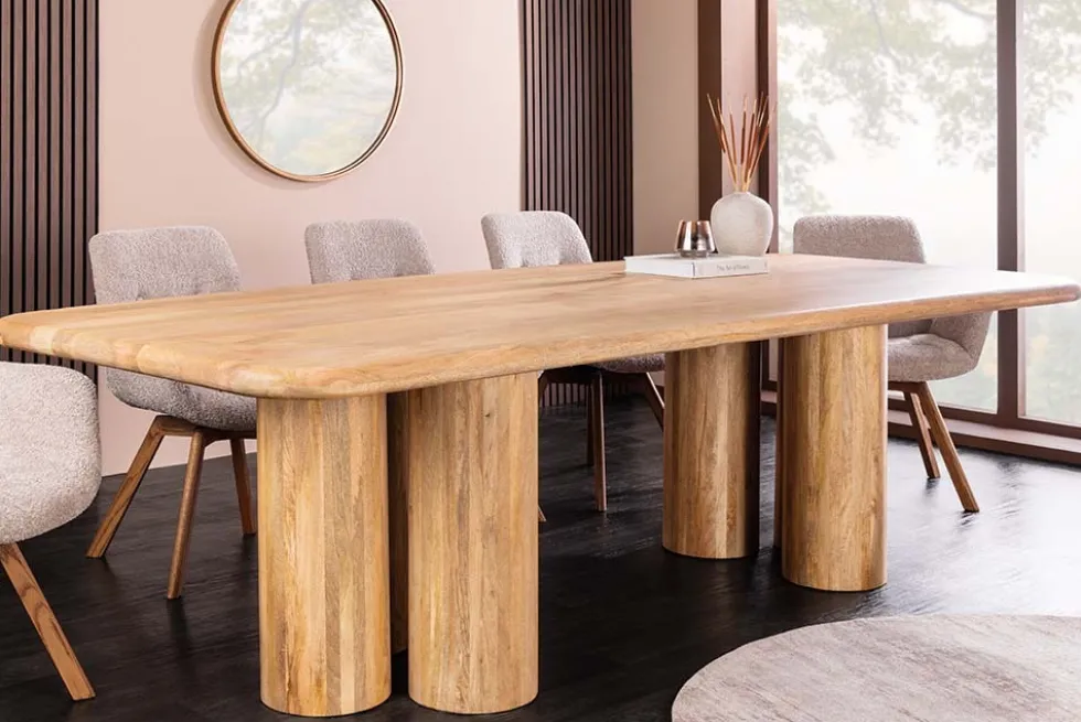 Massiver Esstisch ART DECO 240cm natur Mangoholz mit Säulenfüßen