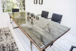 Massiver Esstisch BARRACUDA 180cm antik Teak Holz mit Stahl Kufenfüßen inkl. Glasplatte