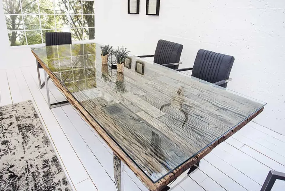 Massiver Esstisch BARRACUDA 180cm antik Teak Holz mit Stahl Kufenfüßen inkl. Glasplatte