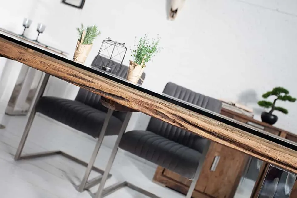 Massiver Esstisch BARRACUDA 180cm antik Teak Holz mit Stahl Kufenfüßen inkl. Glasplatte