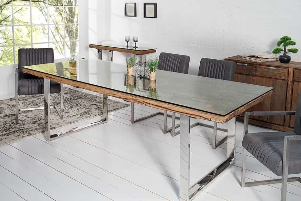 Massiver Esstisch BARRACUDA 180cm antik Teak Holz mit Stahl Kufenfüßen inkl. Glasplatte