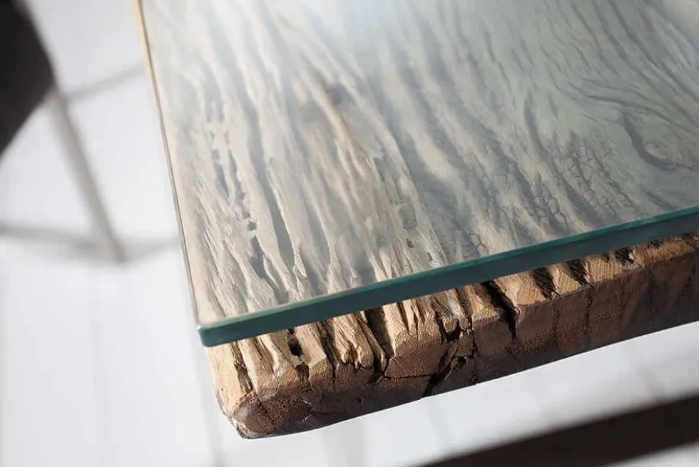 Massiver Esstisch BARRACUDA 200cm antik Teak Holz mit Stahl Kufenfüßen inkl. Glasplatte