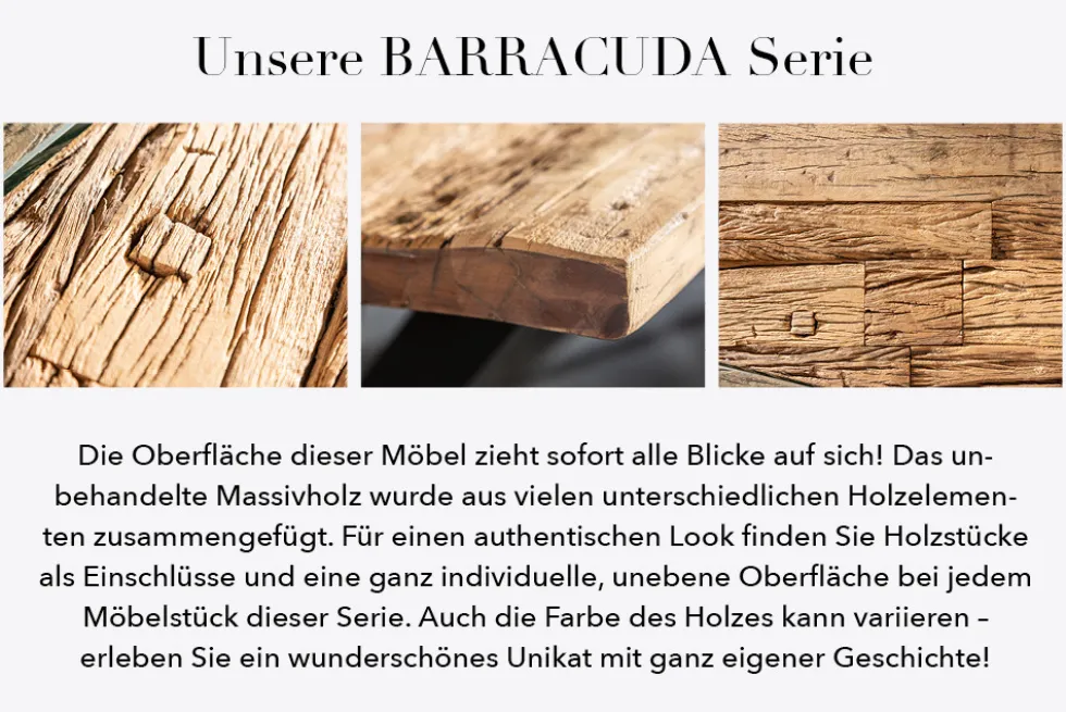 Massiver Esstisch BARRACUDA 200cm antik Teak Holz mit Stahl Kufenfüßen inkl. Glasplatte