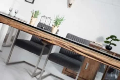 Massiver Esstisch BARRACUDA 200cm antik Teak Holz mit Stahl Kufenfüßen inkl. Glasplatte