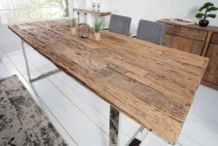 Massiver Esstisch BARRACUDA 240cm antik Teak Holz mit Stahl Kufenfüßen inkl. Glasplatte