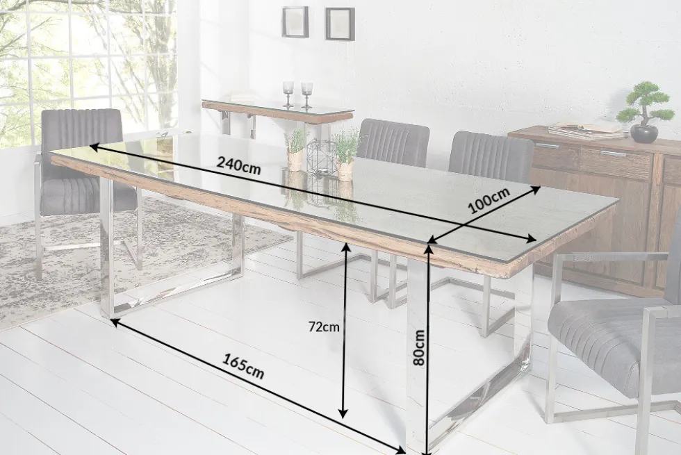 Massiver Esstisch BARRACUDA 240cm antik Teak Holz mit Stahl Kufenfüßen inkl. Glasplatte