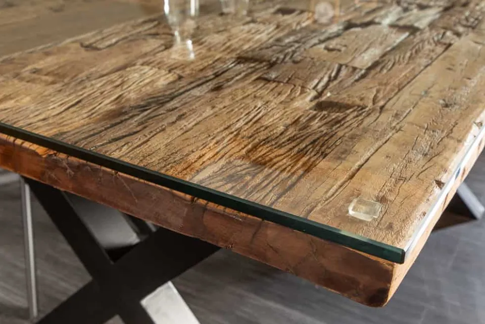 Massiver Esstisch BARRACUDA 180cm Teakholz inkl. Glasplatte mit X-Gestell