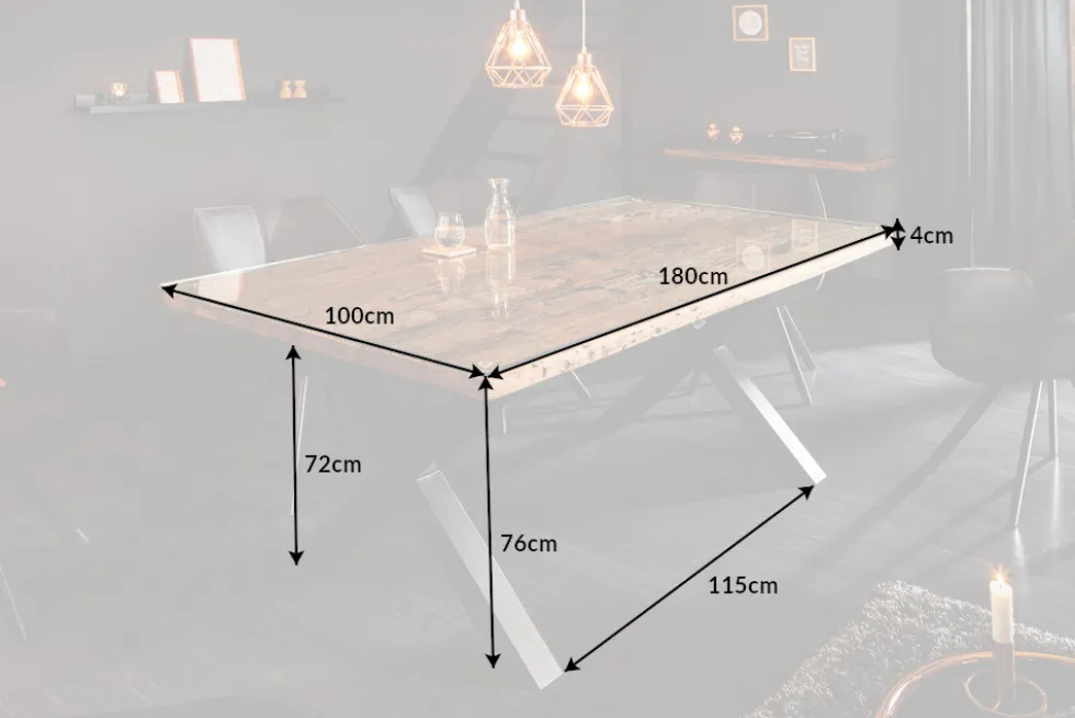 Massiver Esstisch BARRACUDA 180cm Teakholz inkl. Glasplatte mit X-Gestell