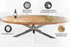 Massiver Esstisch BARRACUDA 220cm braun Teakholz silber Sterngestell Glasplatte