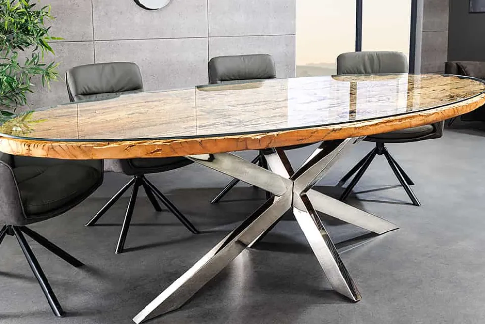 Massiver Esstisch BARRACUDA 220cm braun Teakholz silber Sterngestell Glasplatte
