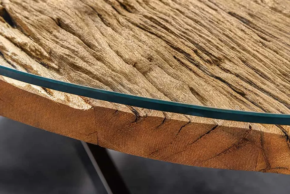 Massiver Esstisch BARRACUDA 220cm braun Teakholz silber Sterngestell Glasplatte