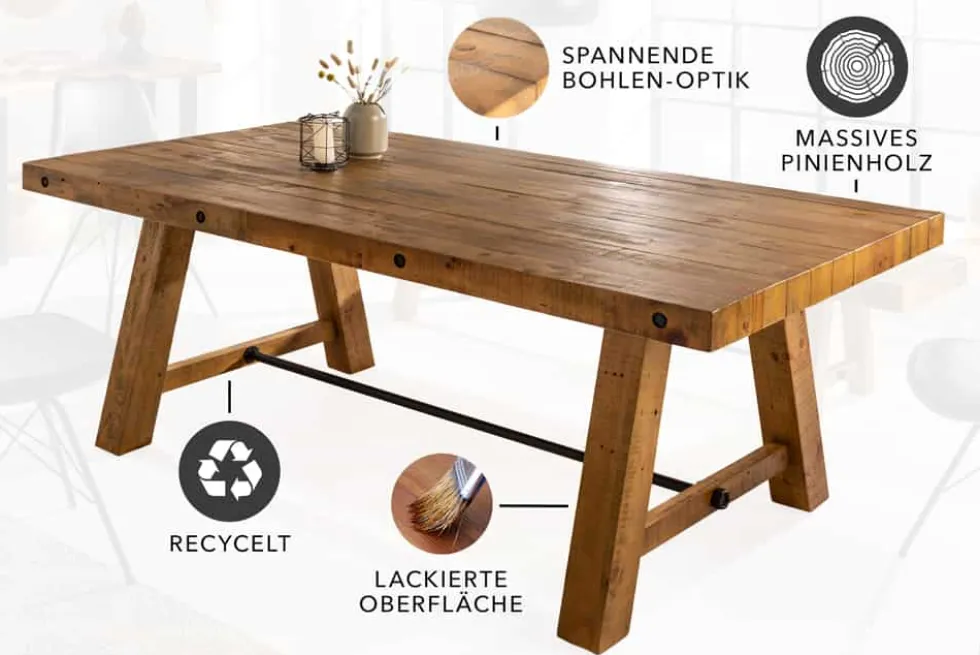 Massiver Esstisch FINCA 200cm vintage braun recyceltes Pinienholz Industrial Design